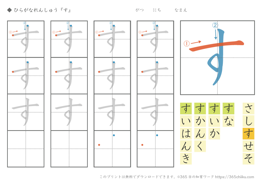ひらがな練習「す」